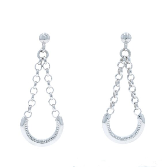 White Gold Hanging Curved Bar Dangle Earrings 14k Teardrop - Picture 1 of 4